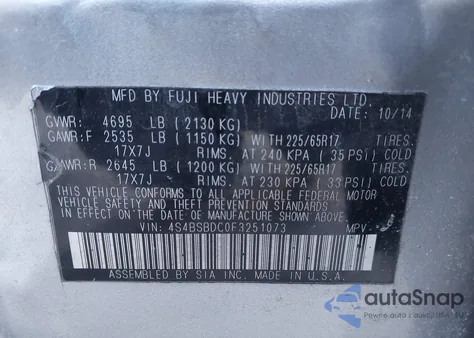 2015 Subaru Outback 2.5I Premium z USA, uszkodzony, nr VIN 4S4BSBDC0F3251073